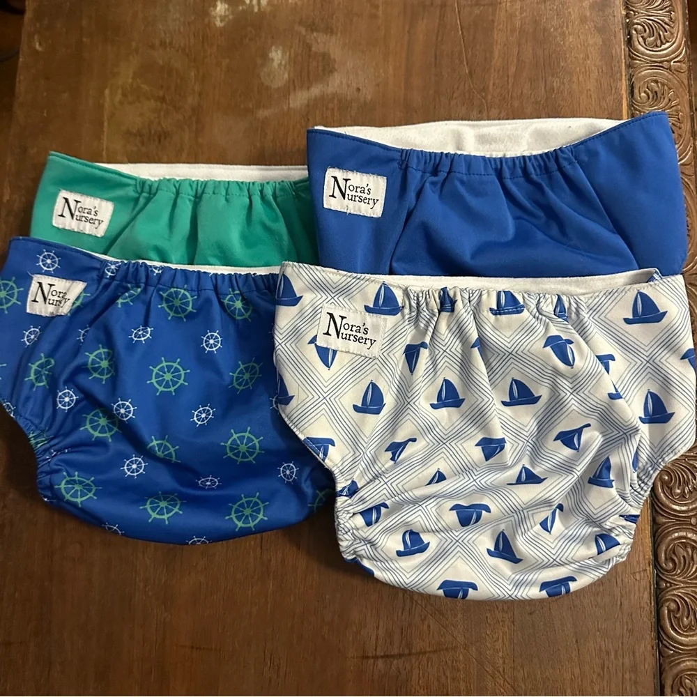 Nora’s Nursery Nautical Reusable Pocket Cloth Diaper Set of 4 adjustable size.